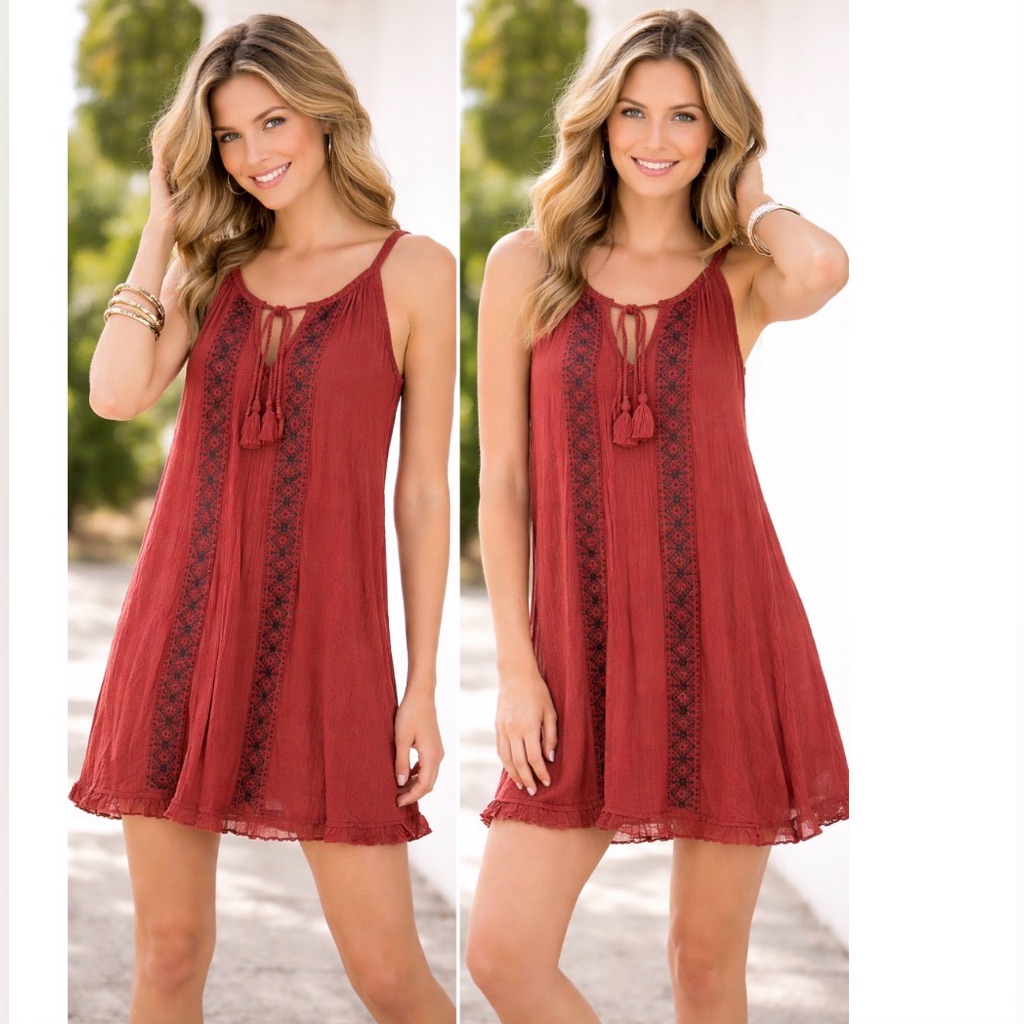 American Eagle Burnt Orange Embroidered Boho Halter Tank Gauzy Mini Dress Xs